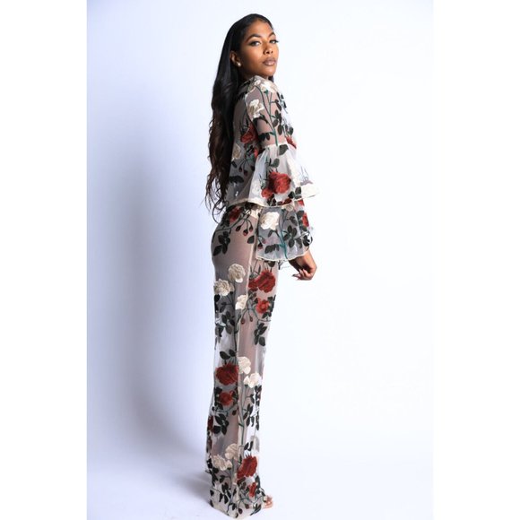 Women's Rose embroidered Outfit Casual Set Flared Long Sleeve 2 Piece Set - Picture 11 of 12